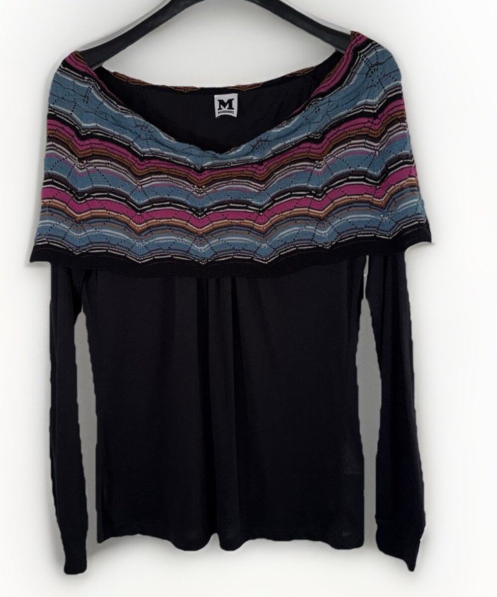 M Missoni Black Pink Blue Knit Off Shoulder Long Sleeve Preppy Old Money Lux M